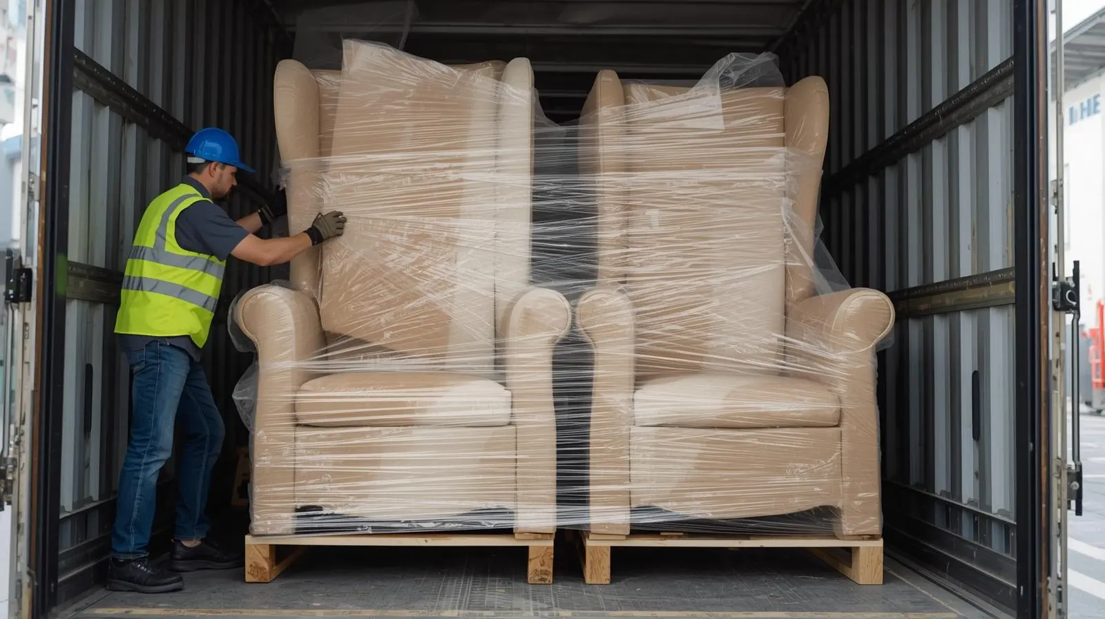 Packing kursi besar Packing kursi besar dengan foam sheet dan stretch film