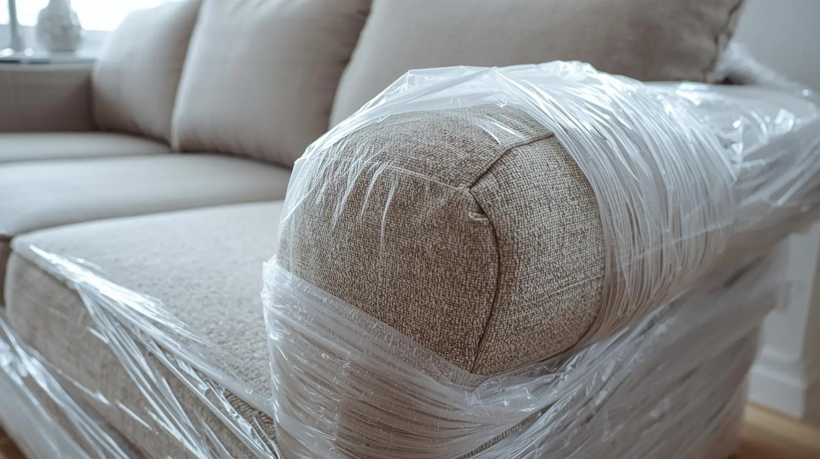 packing sofa Proses packing sofa menggunakan plastik wrap dan bubble wrap