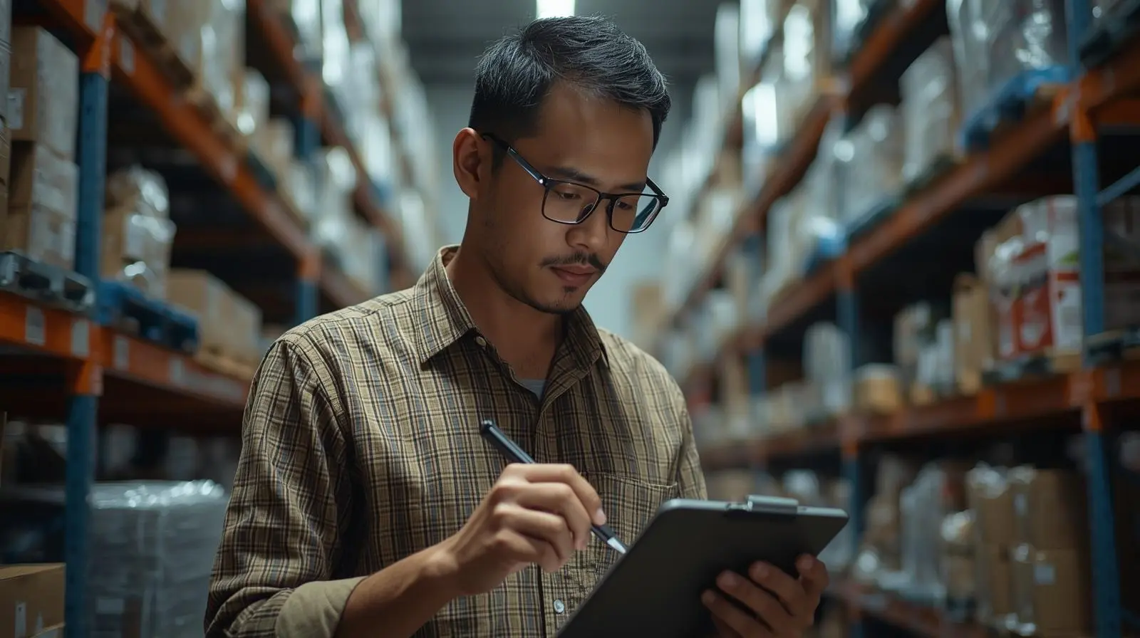 seseorang wajah indonesia sedang melakukan Checklist di warehouse Checklist persiapan kirim barang via ekspedisi